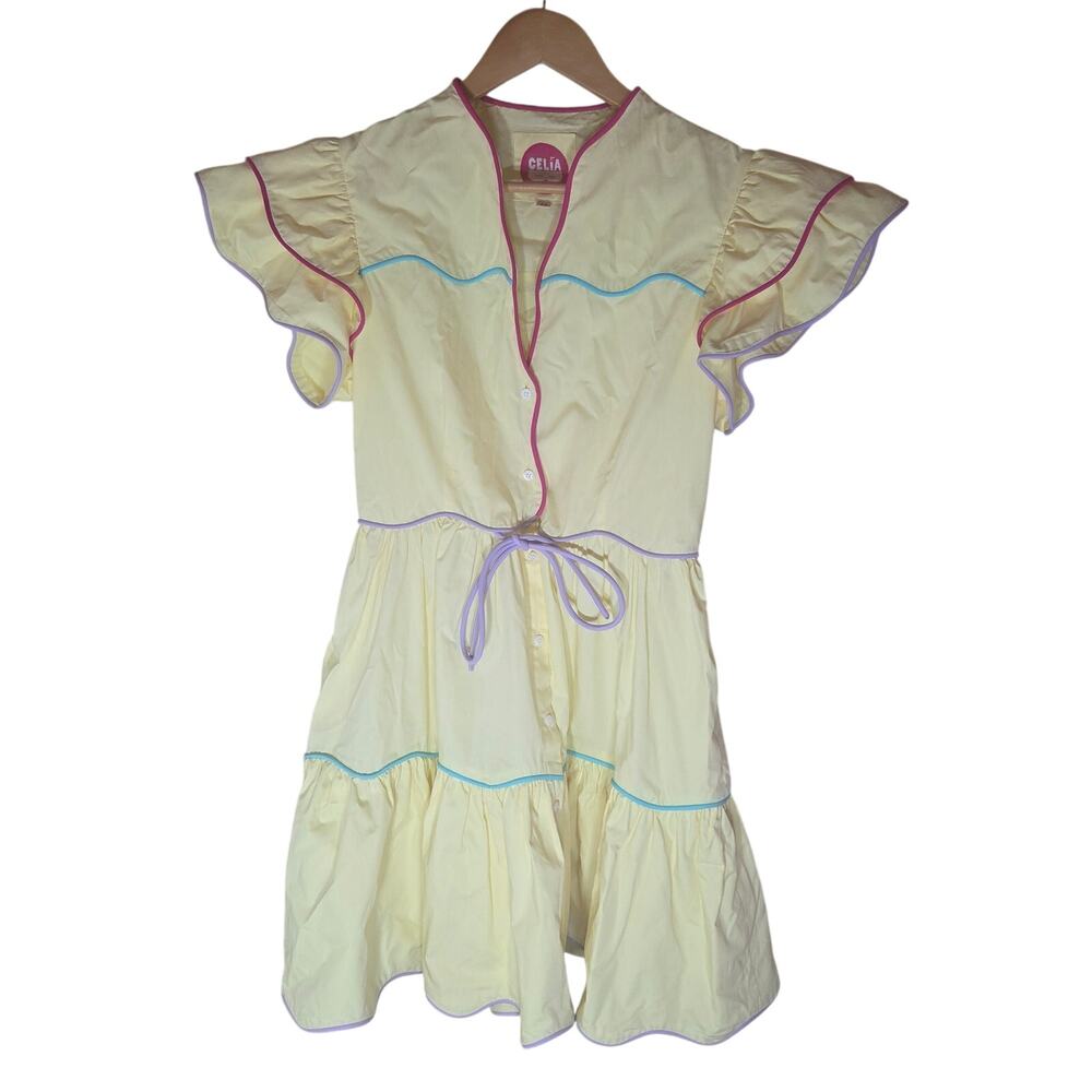 Celia B Baba Voyager Ruffle Dress Light Yellow Pastel Piping NWOT Medium